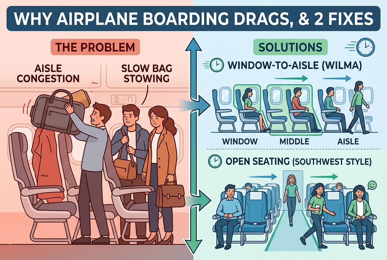 Why Airplane Boarding Drags, and Two Ways to Fix It