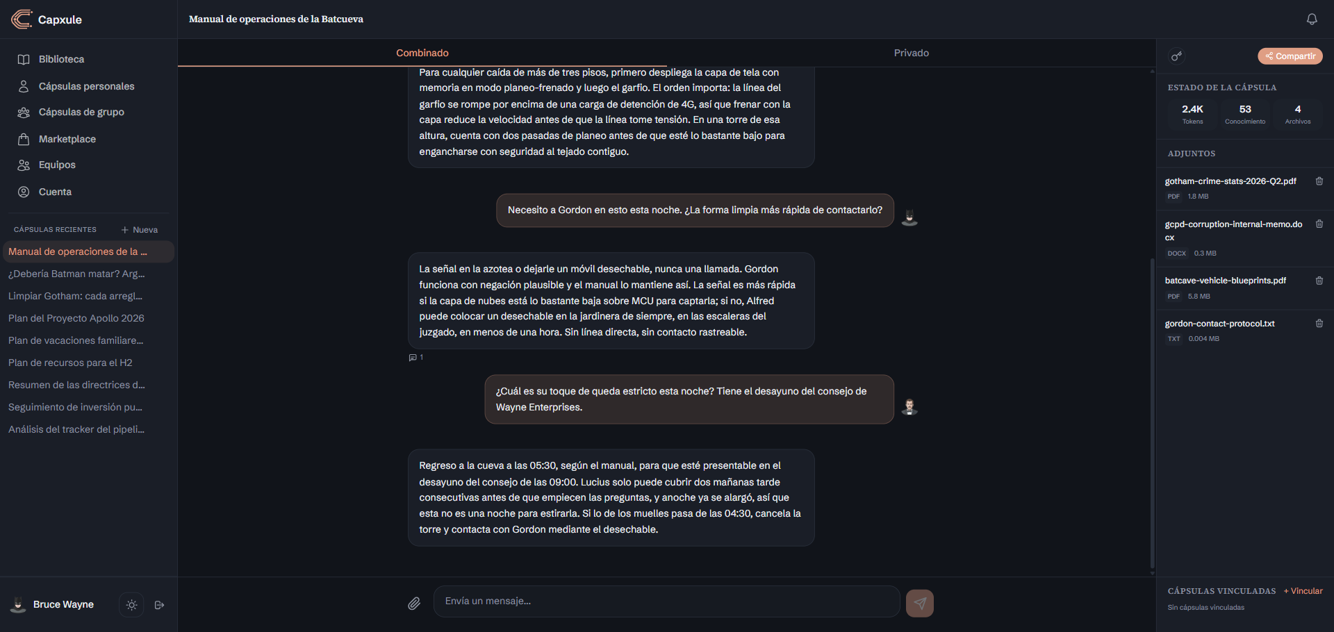 Espacio de trabajo: tu conocimiento, archivos, cápsulas vinculadas y opciones de compartir en un solo lugar