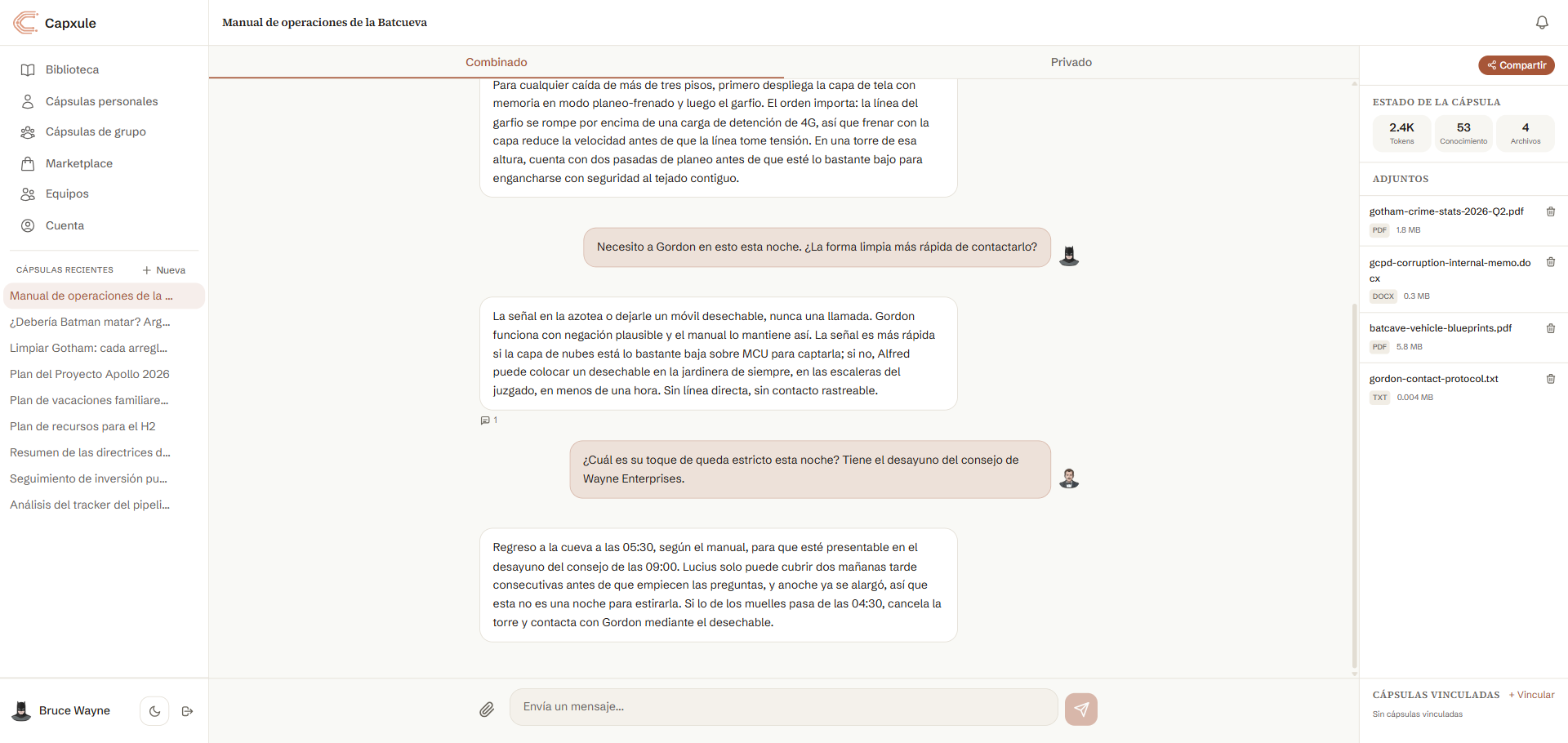 Espacio de trabajo: tu conocimiento, archivos, cápsulas vinculadas y opciones de compartir en un solo lugar