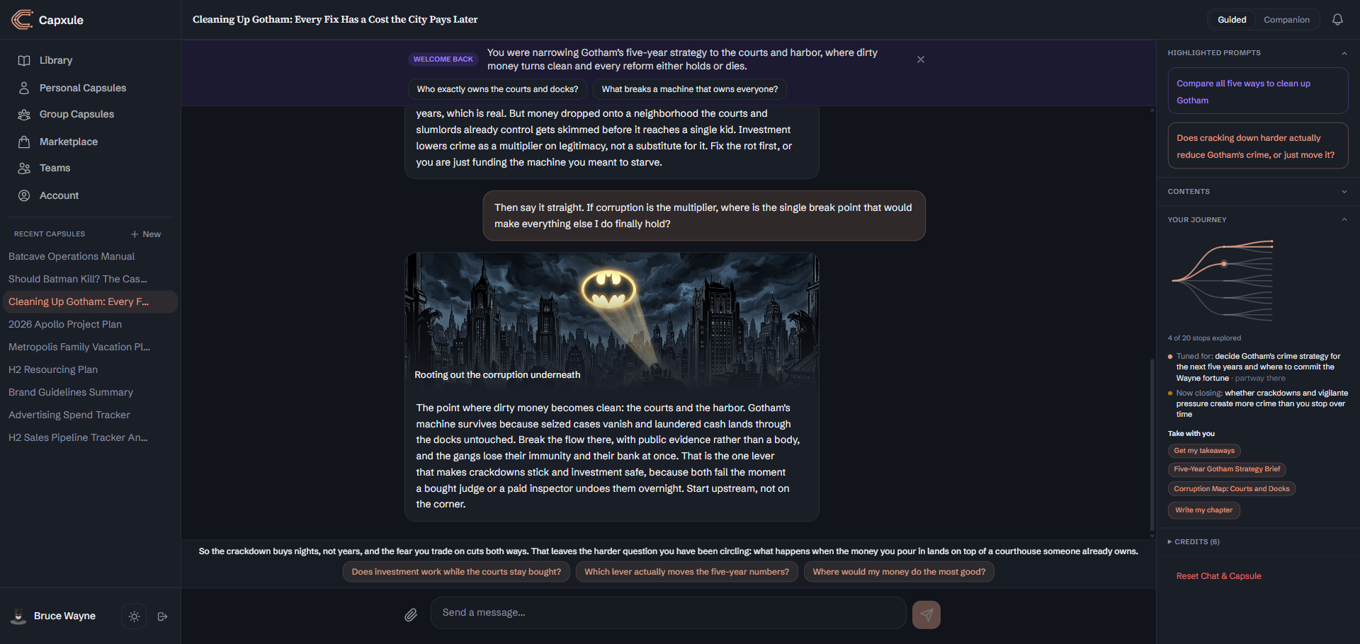 A guided capsule with a goal, a journey map, suggested questions, and takeaways