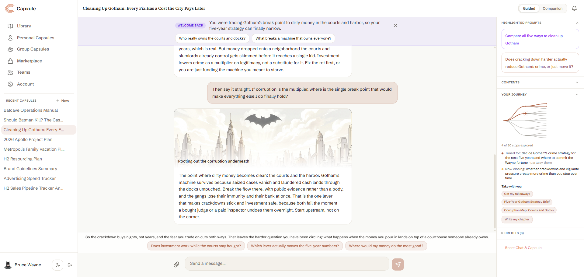 A guided capsule with a goal, a journey map, suggested questions, and takeaways