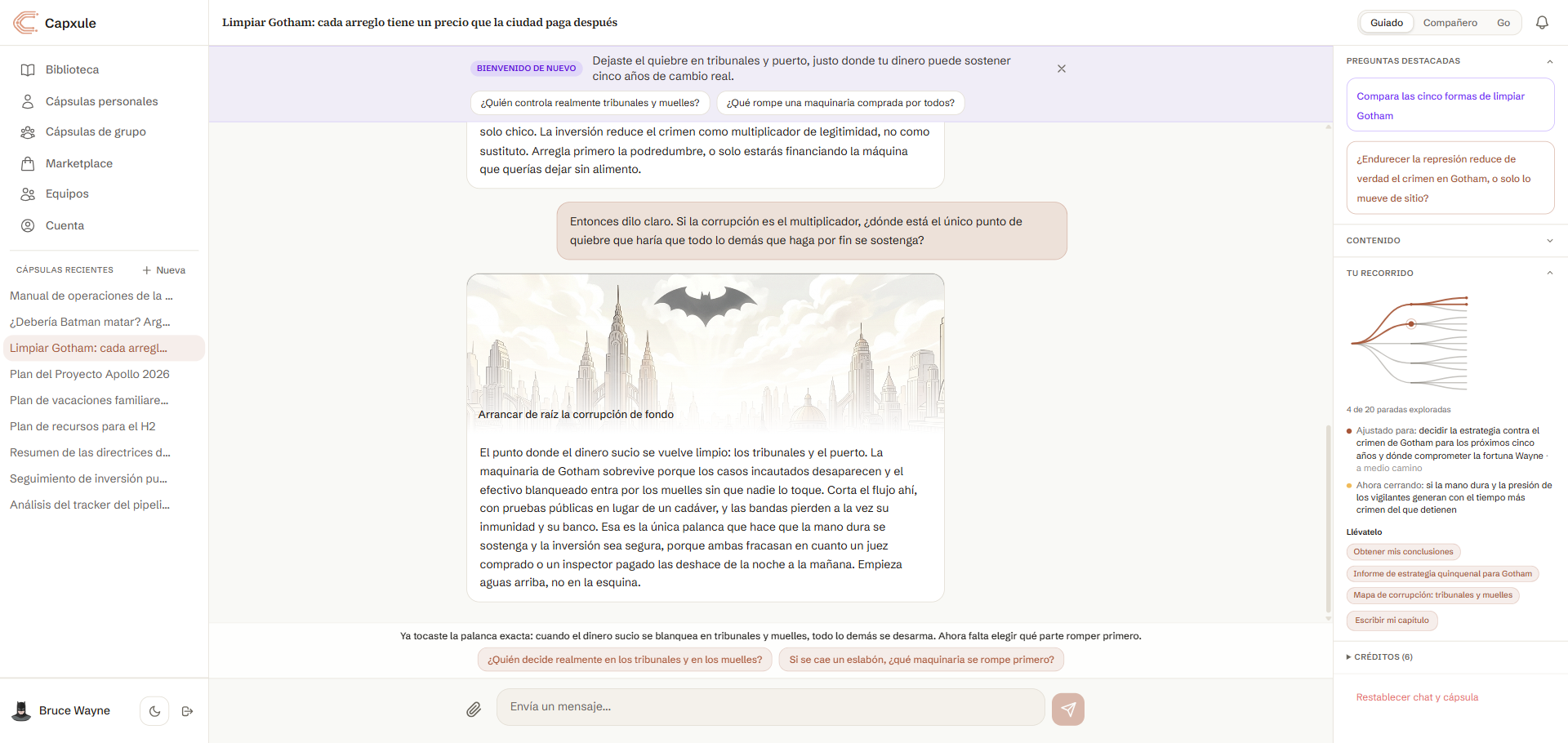 Una cápsula guiada con una meta, un mapa del recorrido, preguntas sugeridas y conclusiones