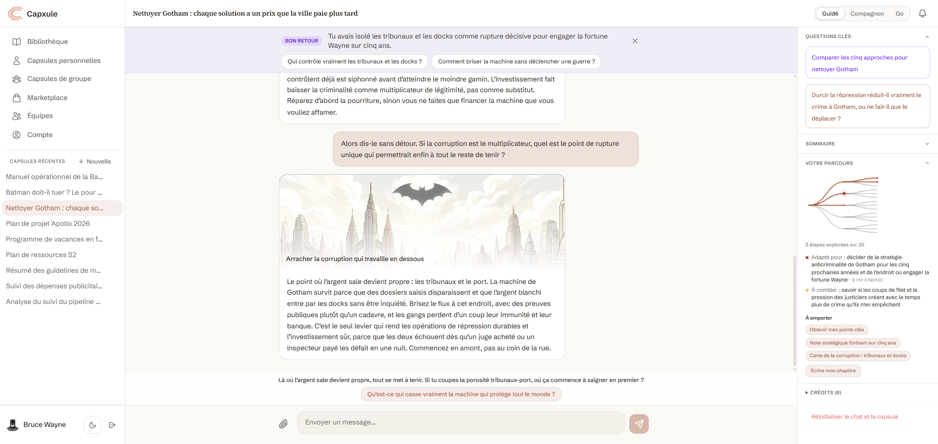 Une capsule guidée avec un objectif, une carte du parcours, des questions suggérées et des points clés